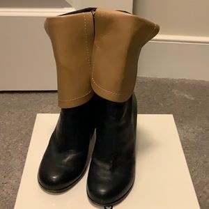 Jil Sander shoes in blue and tan with slim heels.